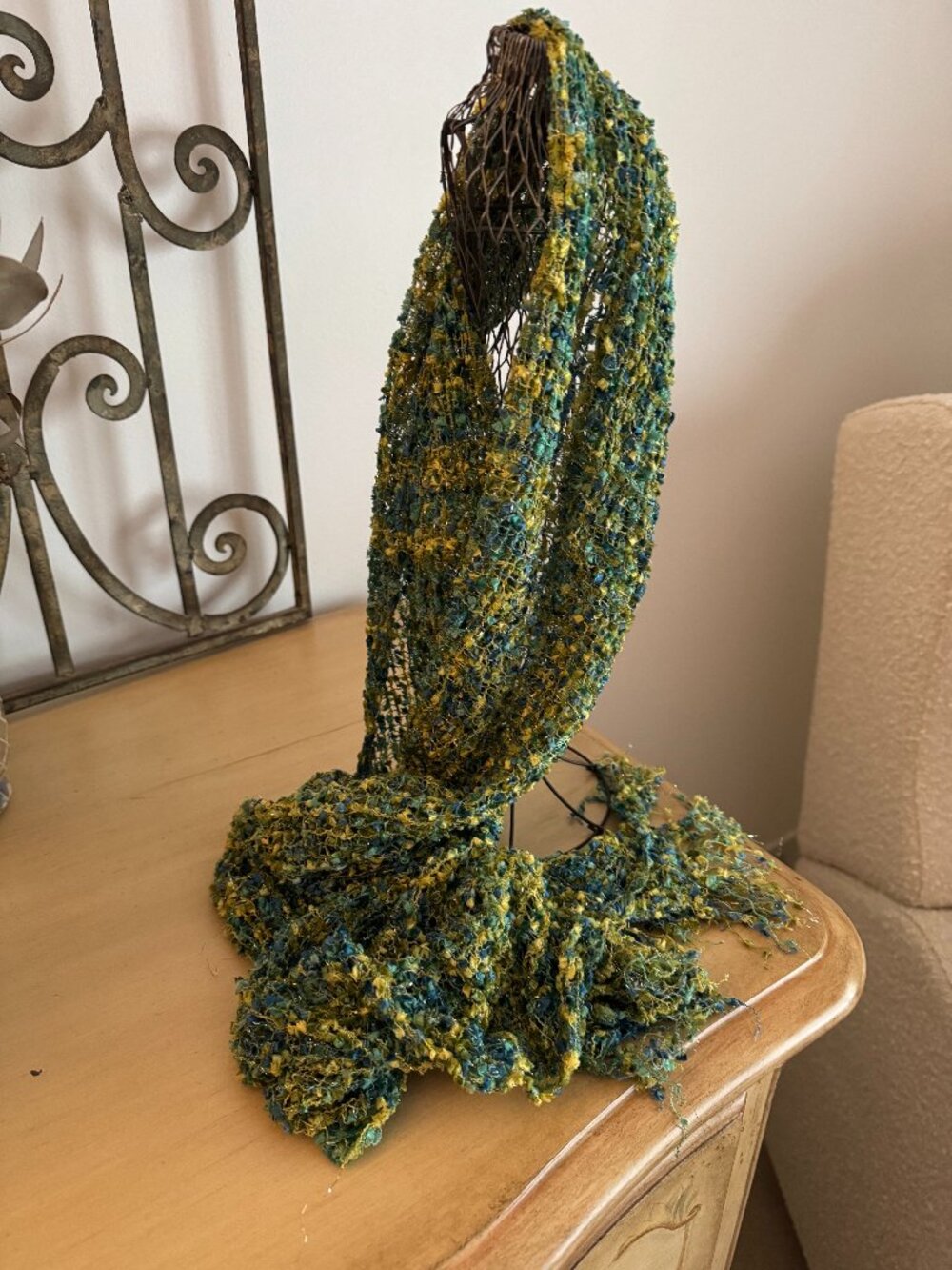 Blue & Chartreuse Green Loose Knit Metallic Scarf / Sash  shawl wrap